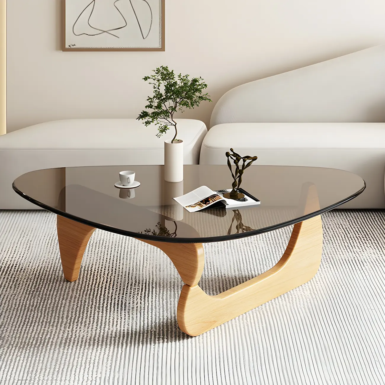 Modern Triangle Glass Coffee Table Wooden Base