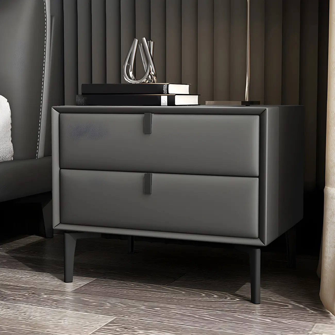 Modern Black Leather Bedside Table with Drawers