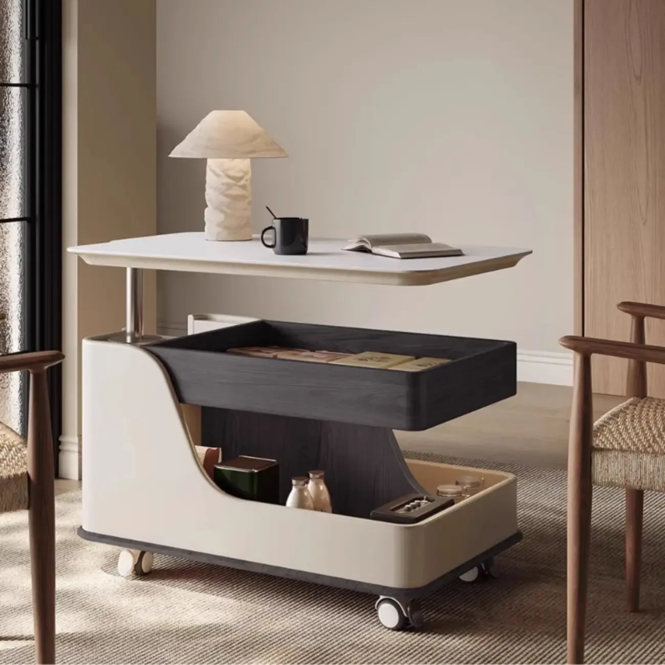 White Adjustable Top Modern Rolling Wood Side Table