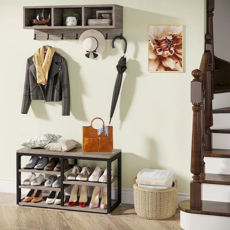 Industrial Entryway Shoe Bench and Wall-Mounted Coat Rack Set, Rustic Brown