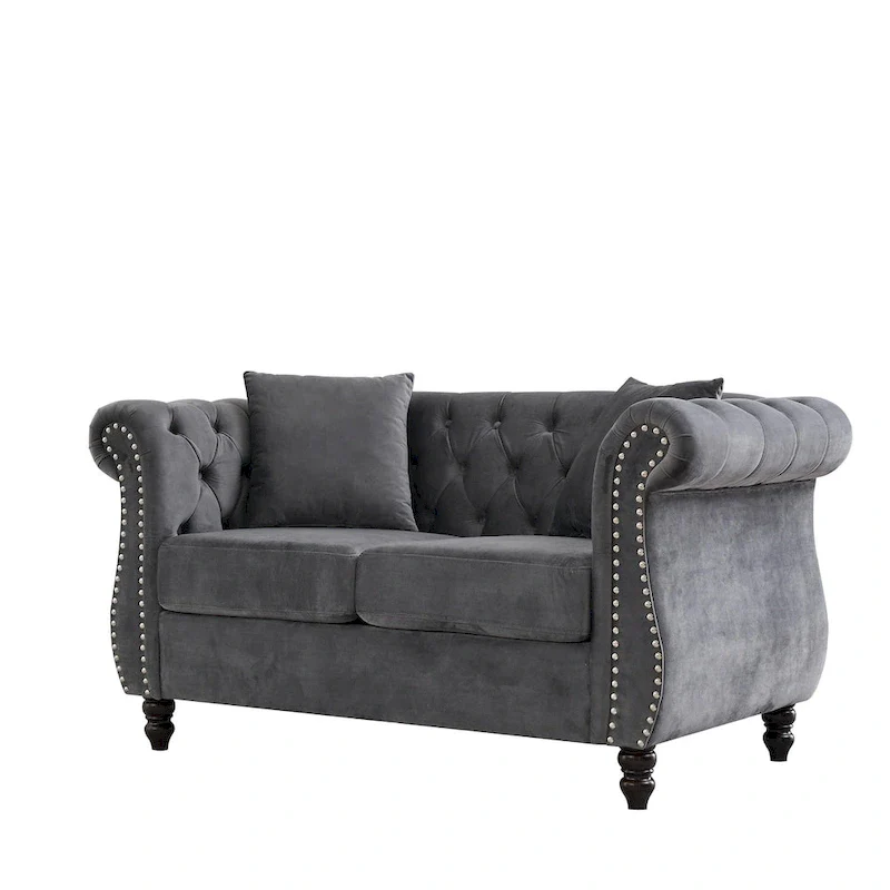 Velvet Chesterfield Loveseat Sofa, Rolled Arms, Nailhead Trim