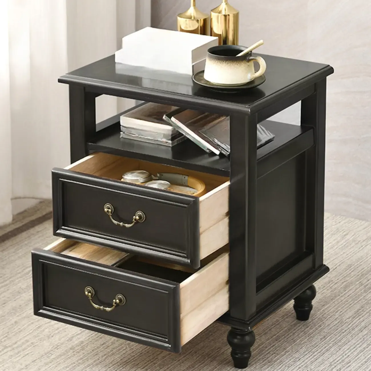 French Small 3-Tier Nightstand with Bronze Handles