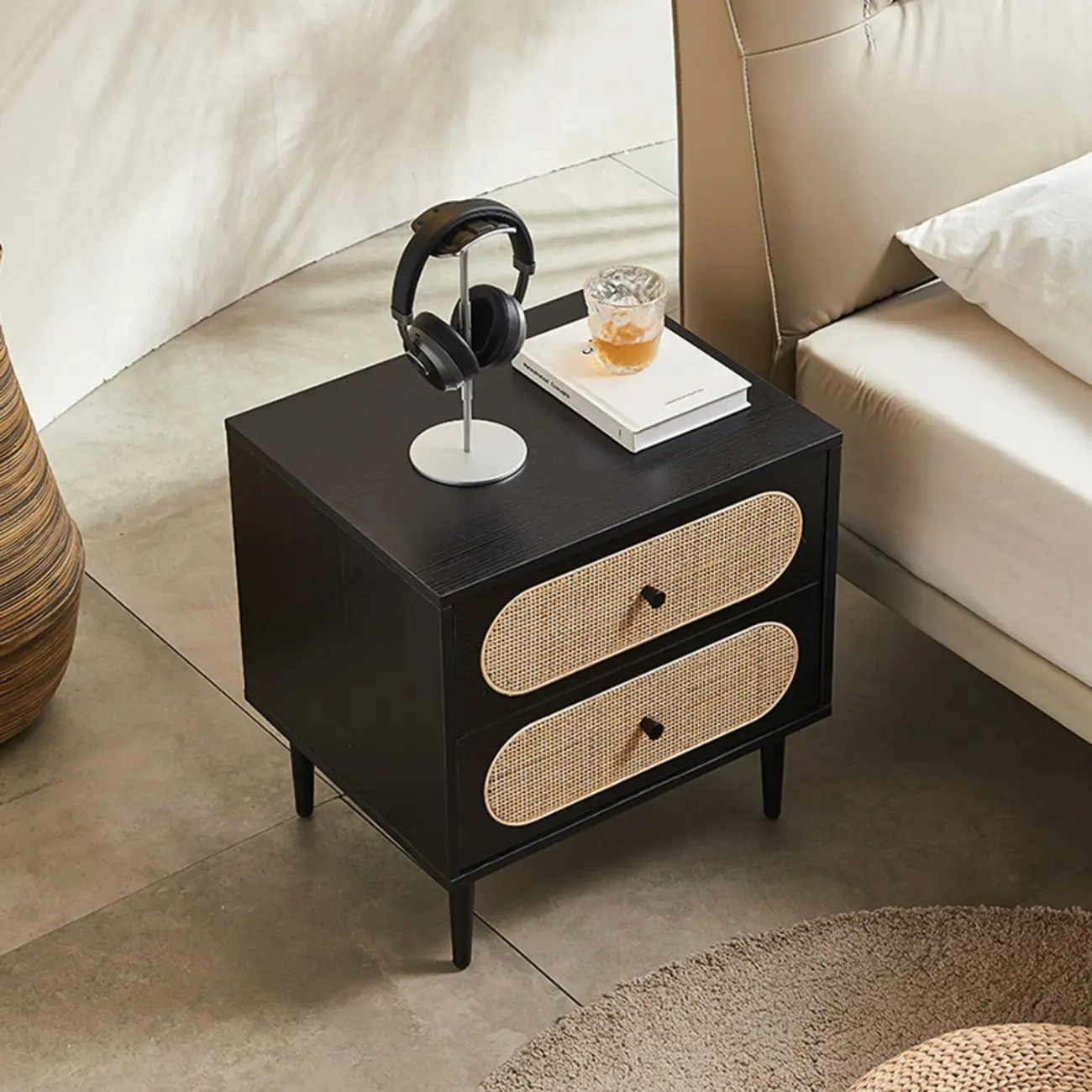 Modern Rattan Espresso Wood 2-Drawer Nightstand