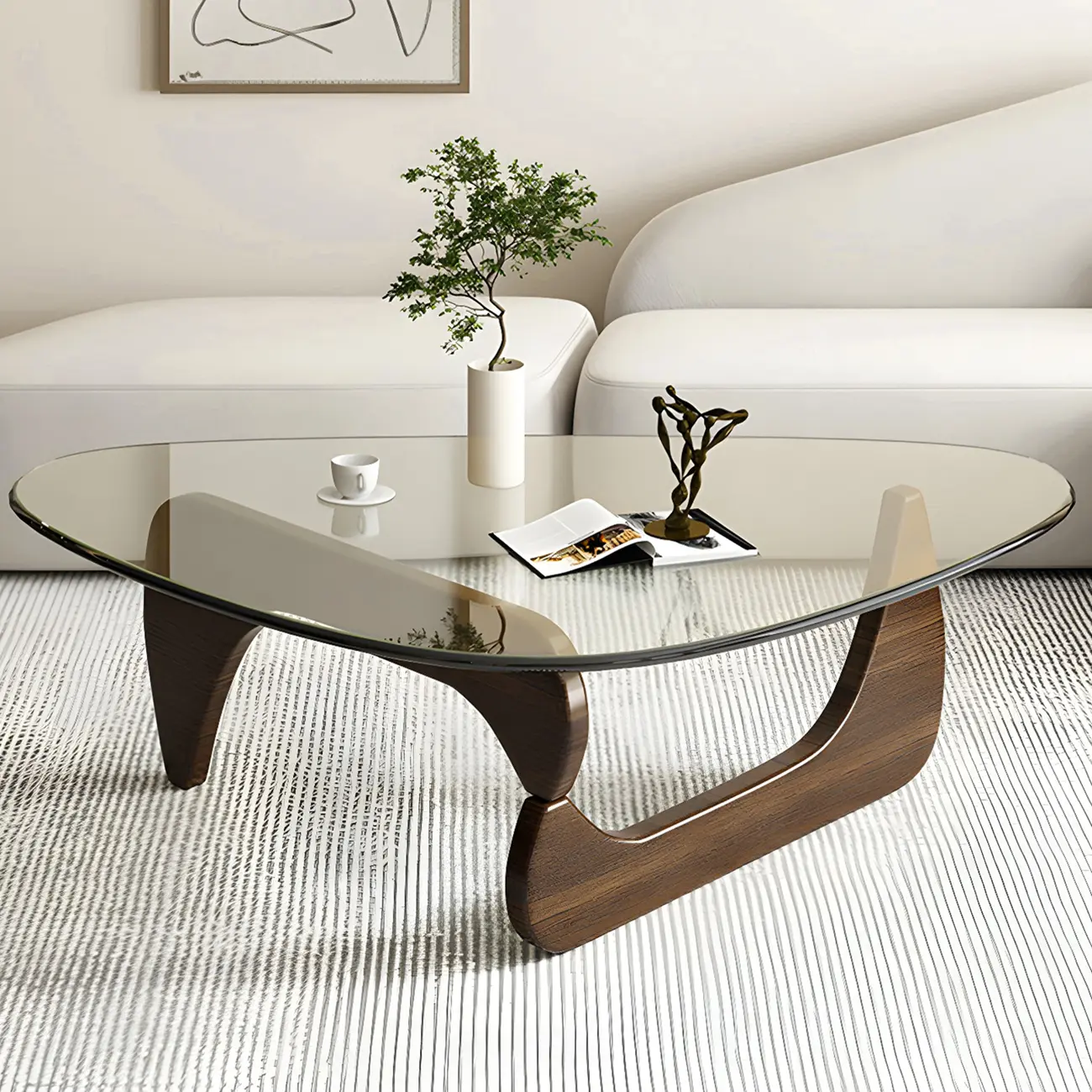 Modern Triangle Glass Coffee Table Wooden Base