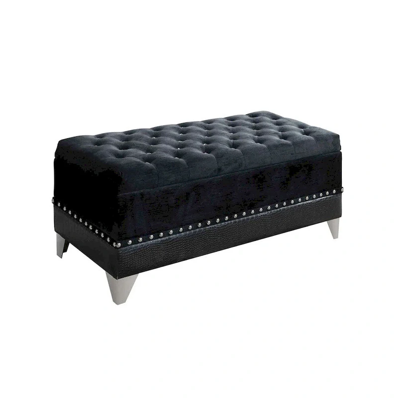 Leatherette Storage Bench with Nailhead Trims and Button Tufted Seat, Black
