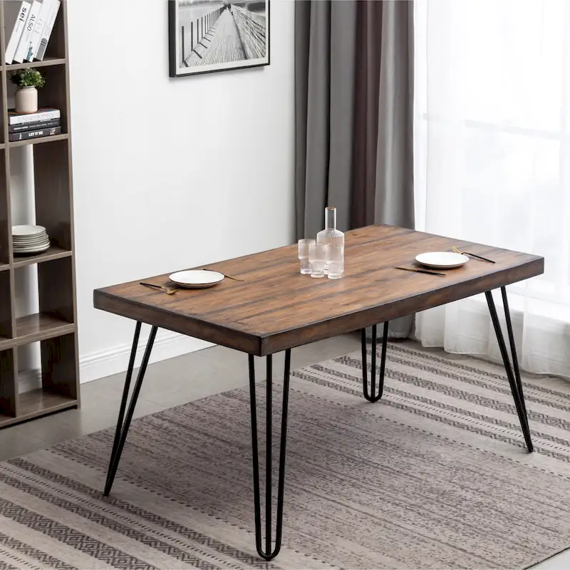 Aryven Industrial Metal Hairpin Design Dining Table, Rustic Dark Pine
