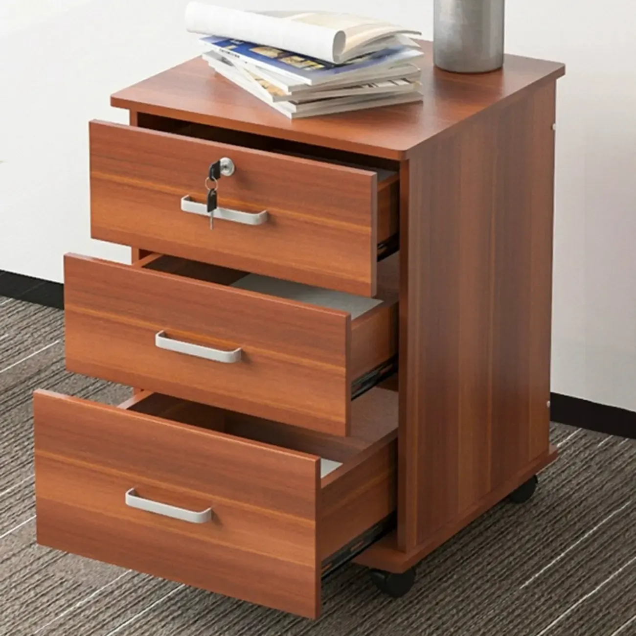 Lokable Brown-White Wood 3 Drawers Mobile Filing Cabinet