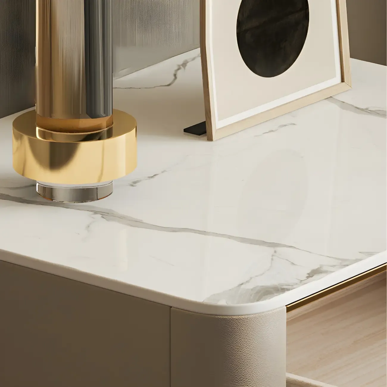 Low Beige Leather Stone Top Floating Nightstand with Drawer