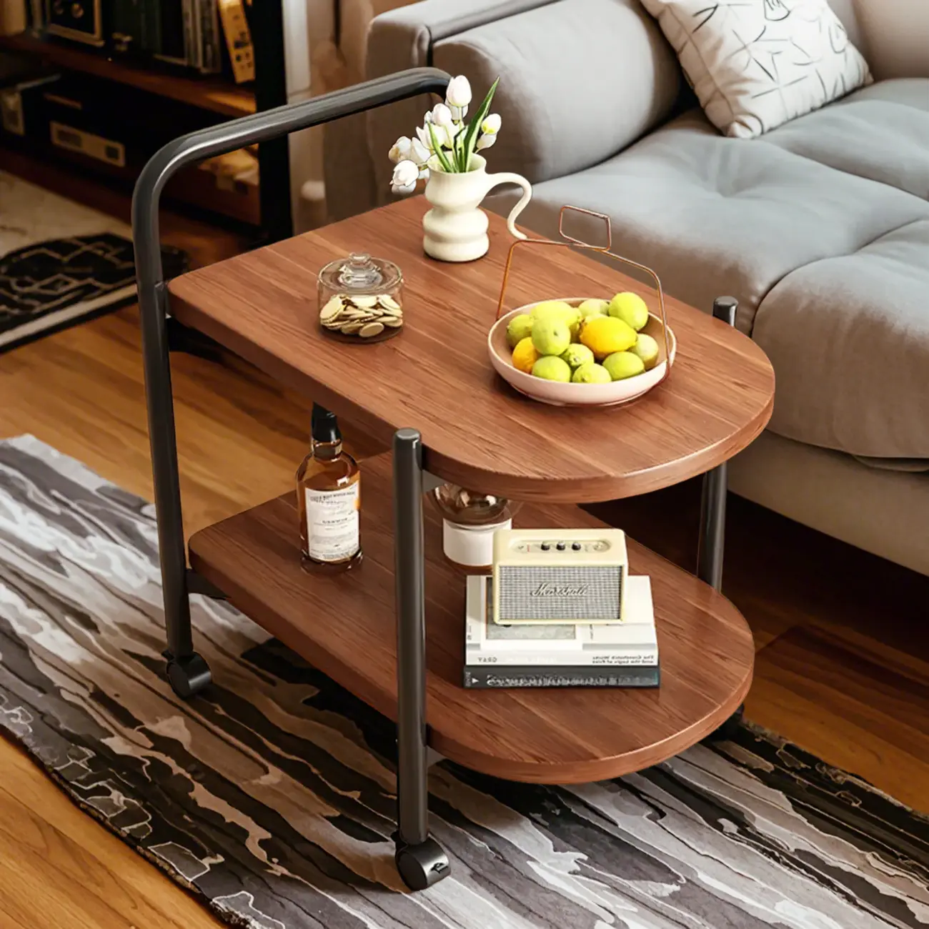 Modern 2-Tier Wood Round Coffee Table with Wheels, Tray
