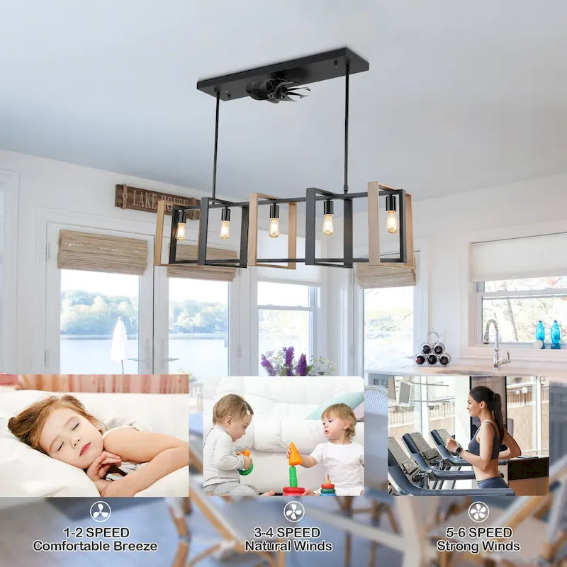 48  Modern Reversible Ceiling Fan 3-Speed with Remote, Kitchen Island Chandelier with 5-Light - 48 Inches