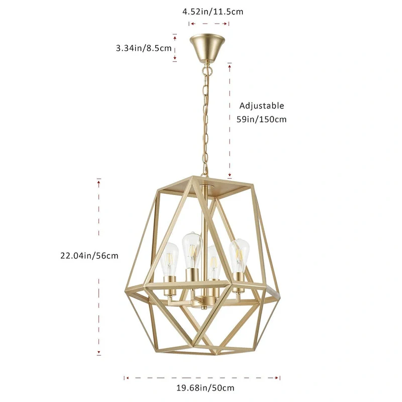 Industrial Painted Gold 4-Light Geometric Metal Frame Pendant Light
