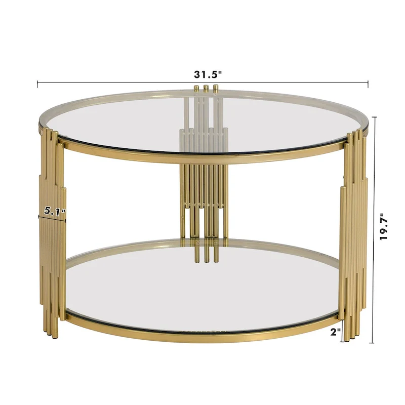 31.5 Tempered Glass Coffee Table with Asymmetrical Metal Design and Lower Shelf