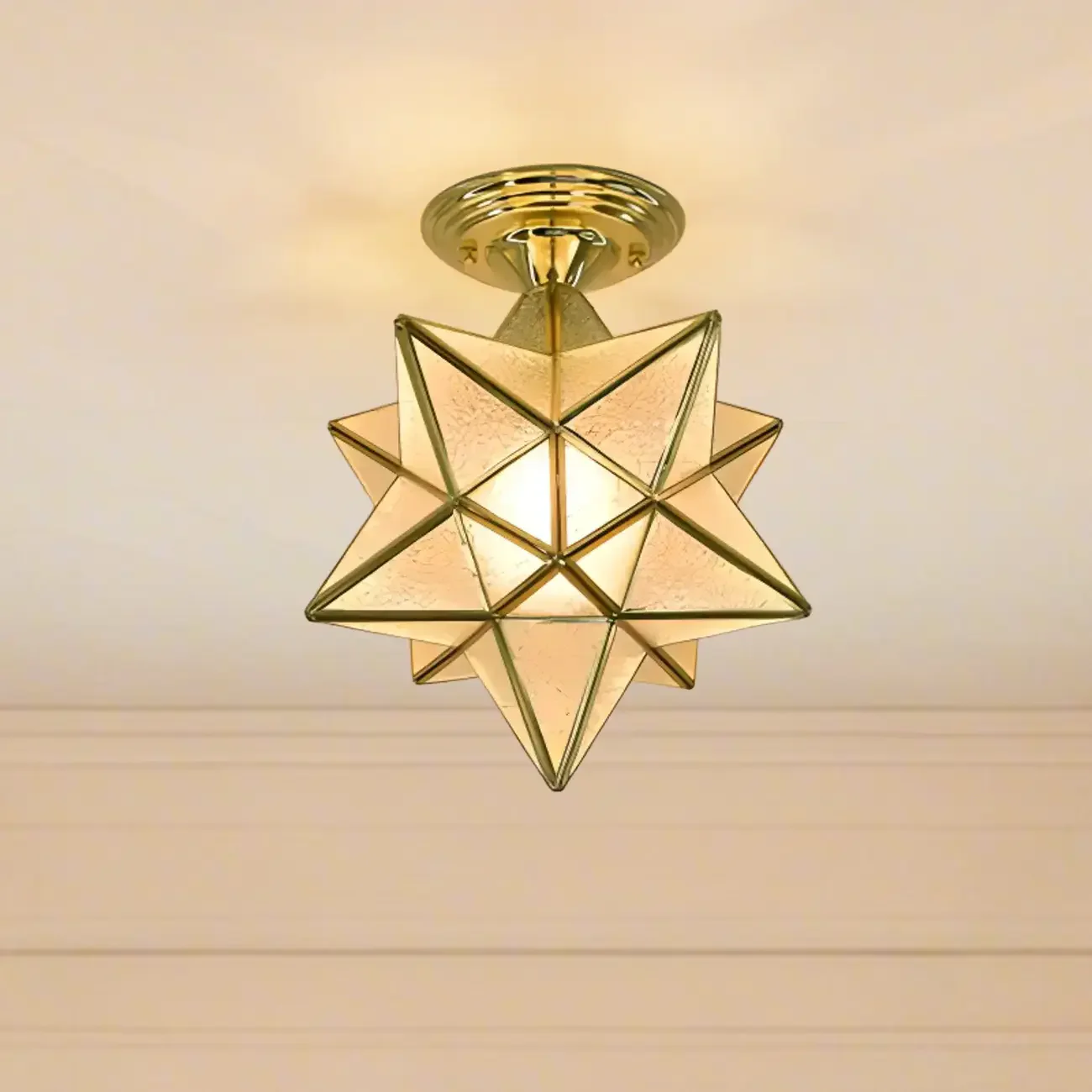 Colonial Style Gold Star Glass Shade Semi Flush Ceiling Light