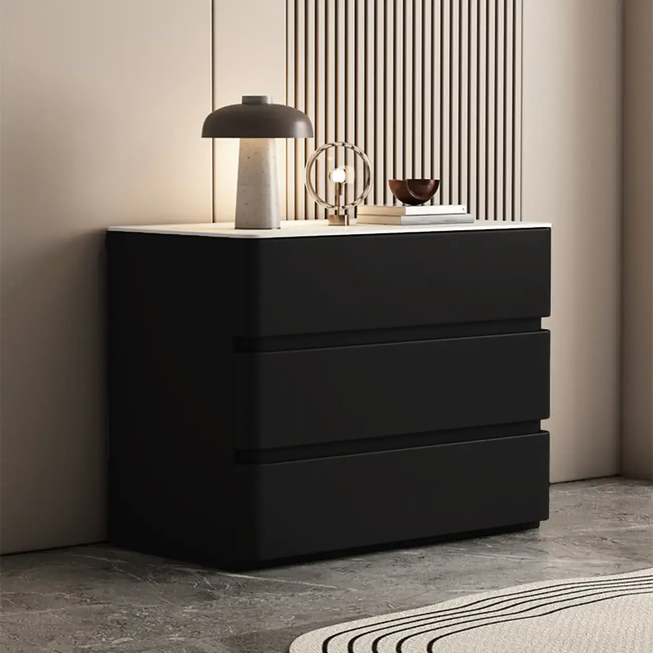 Rectangle Stone Top Wooden 3-Drawer Nightstand