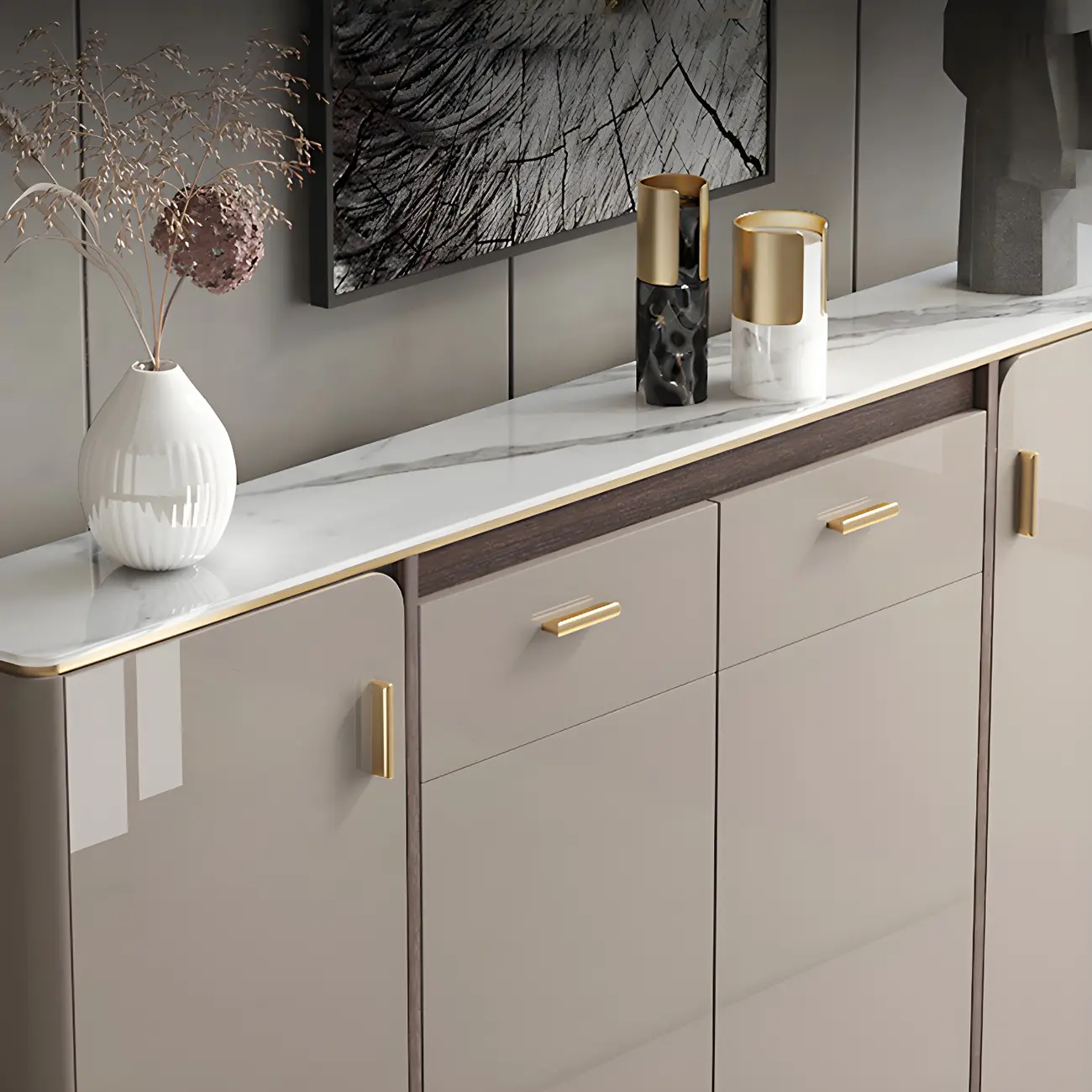 Glam Off-White Stone Top Sideboard with Cabinets
