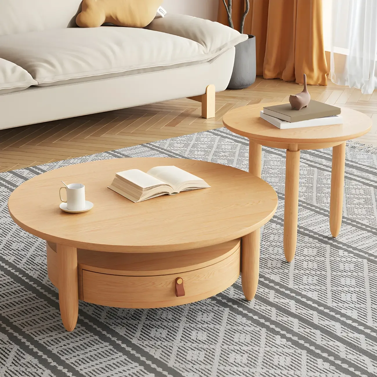 Brown Round Modern Wood Glass Drawer Coffee Table
