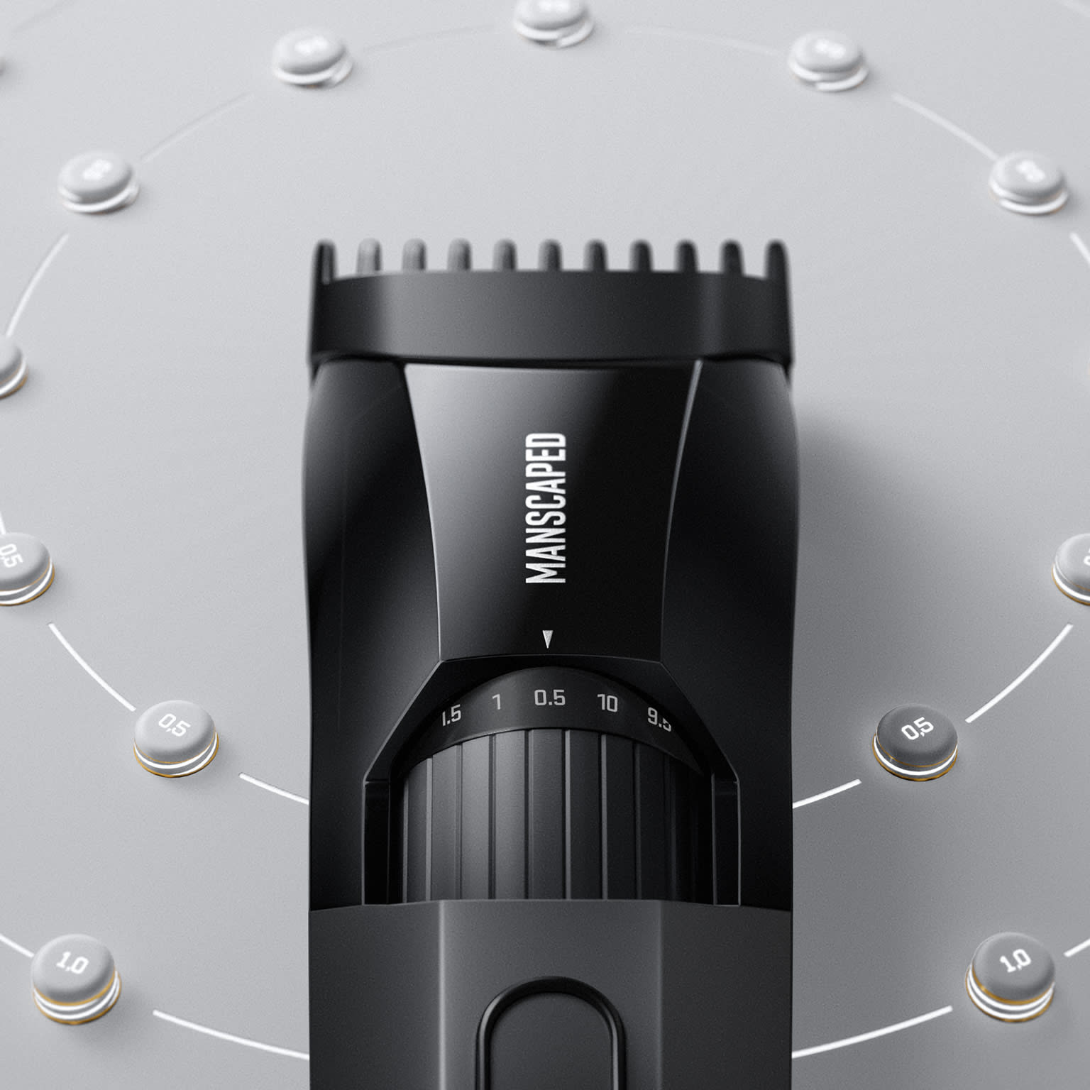Top-down view of the Beard Hedger showing the zoom wheel and adjustable trimming lengths surrounded by circular length markers.