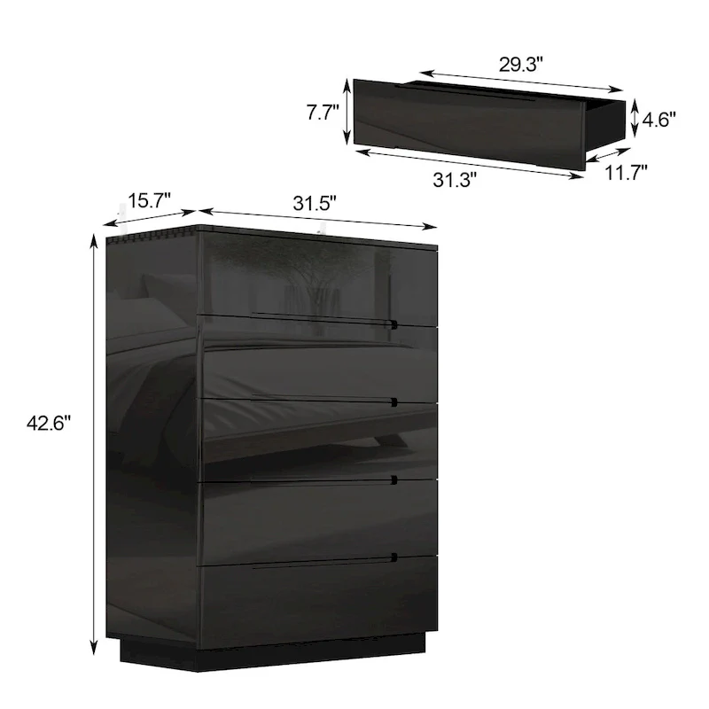 31.5 High Gloss Chest With Light Chest w/5 Drawers&Spacious Tabletop