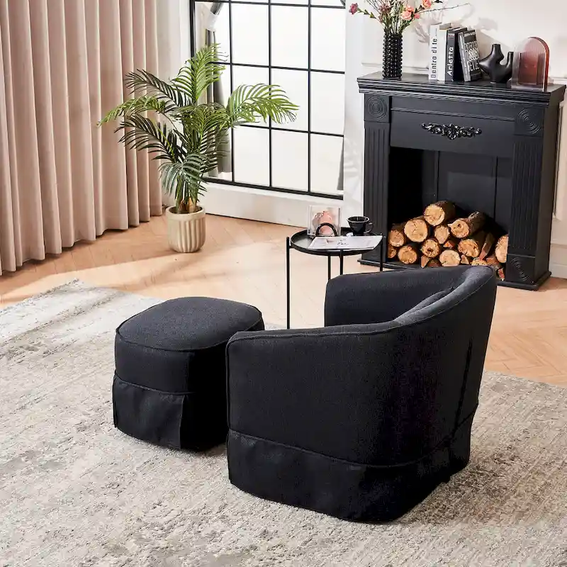 Swivel Barrel Chair With Ottoman, Swivel Accent Chairs Armchair, Reading Chairs, Round Barrel Chairs with Black Metal Base