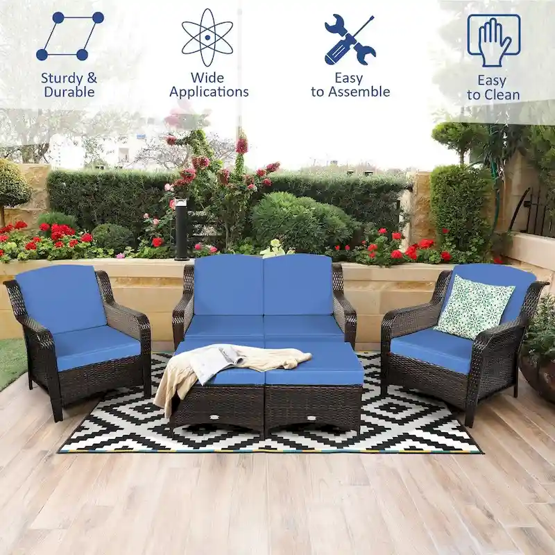 5 Pieces Patio Rattan Sofa Set with Cushion and Ottoman - 51 x 33.5 x 33 (L x W x H)