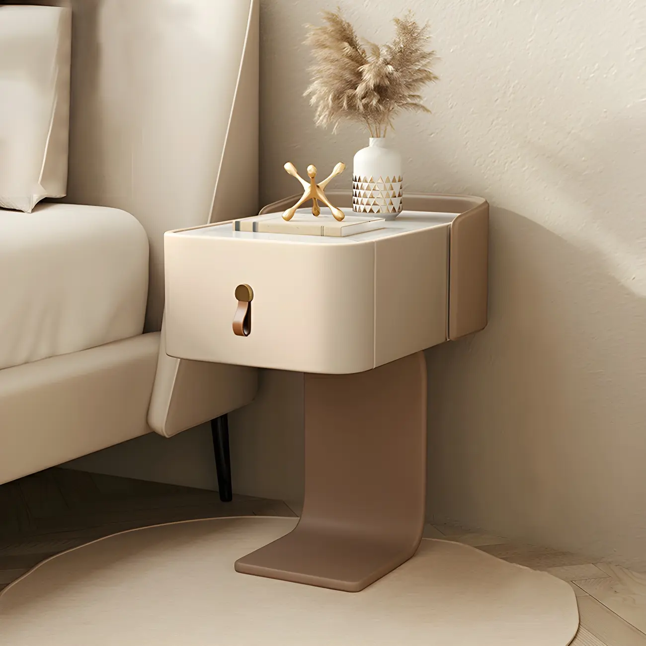 Khaki Stone Top Wood C-Shaped Nightstand with Drawer