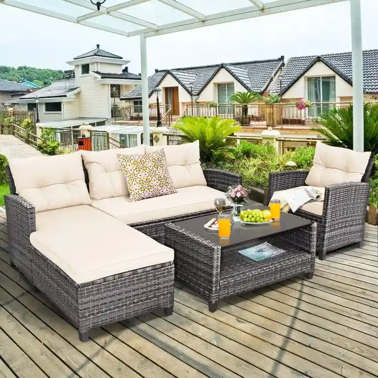 4 Pieces Patio Rattan Furniture Set with Cushion and Table Shelf - 27.5 x 47 x 30 (L x W x H)