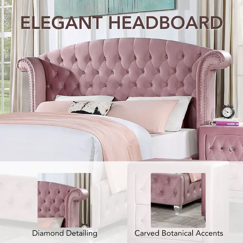 Vyvi Glam Upholstered Pink Button Tufted Wingback Panel Bed by Furniture of America