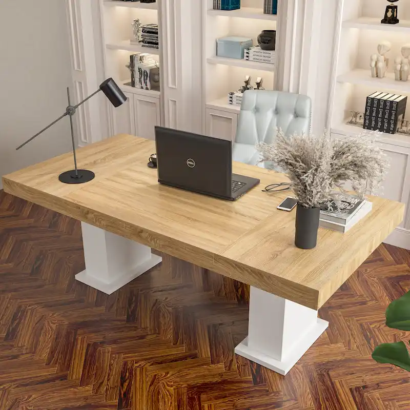 Wooden Conference Table with White Base Meeting Table Computer Desk