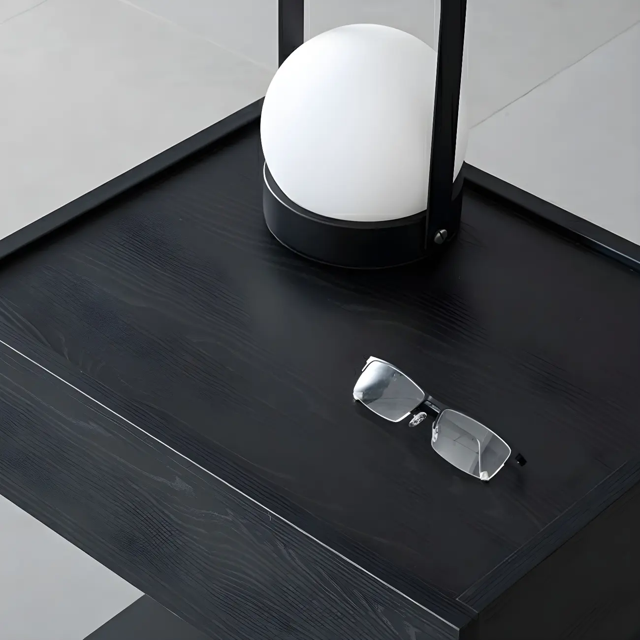 Black Steel Wood C-Shaped Drawer Nightstand with Light