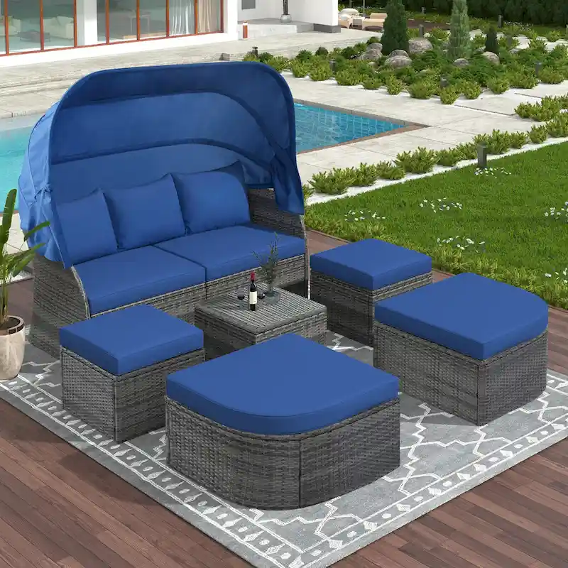 Modular Daybed Sunbed Patio Canopy Bed Wicker Conversation Set