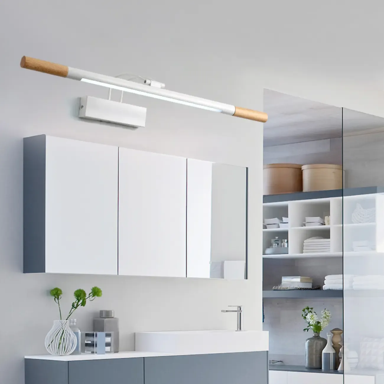 Modern White LED Bathroom Vanity Light with Wood Accent