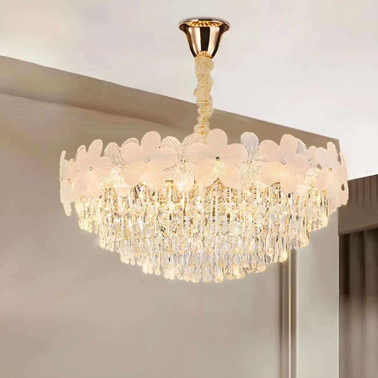 Golden Flower Crystal Chandelier Elegant LED for Living Room
