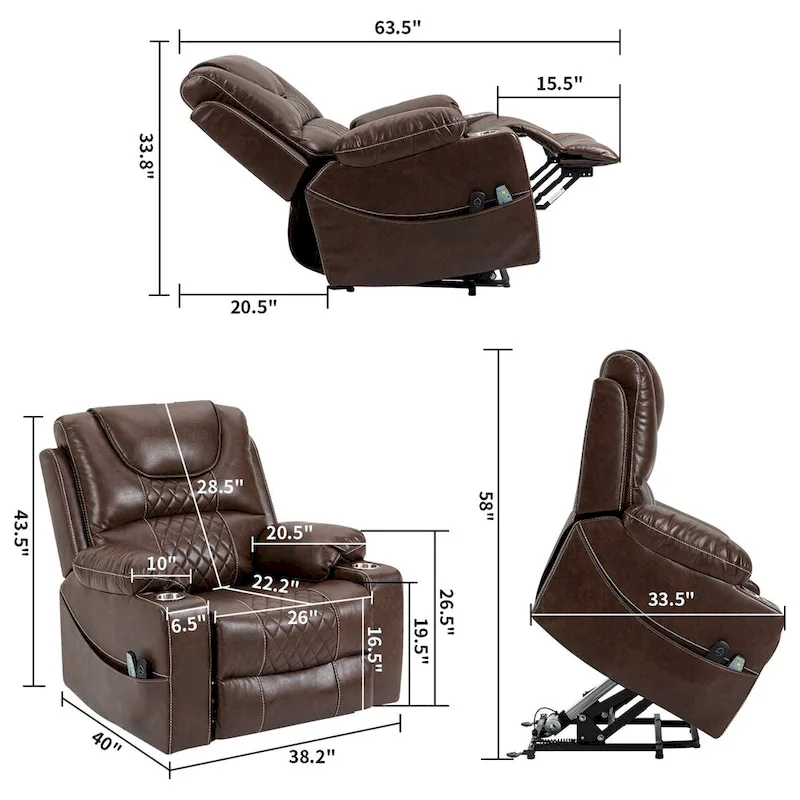Brown Leather Power Lift Recliner, Multi-Function Massage, Heating, Cup Holders
