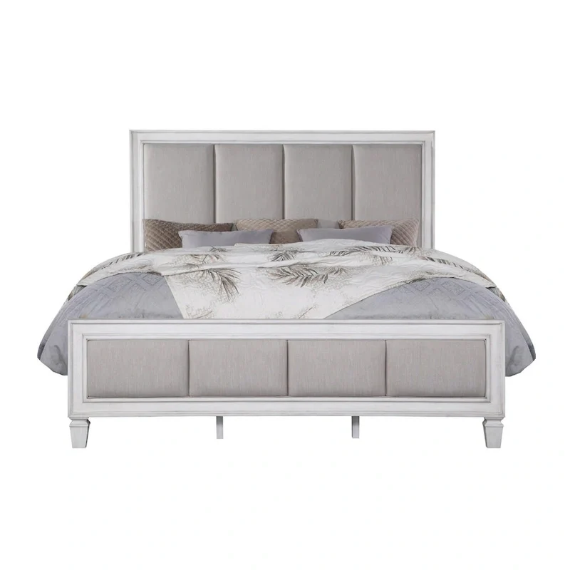 Linen Upholstered Bed in Light Gray and Weathered White