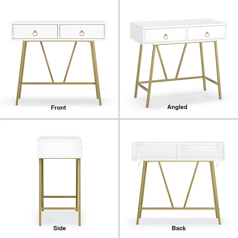 Anmytek Modern Home Office Desk 35.4 Makeup Vanity Table White 2 Drawers Writing Computer Desk with Golden Legs