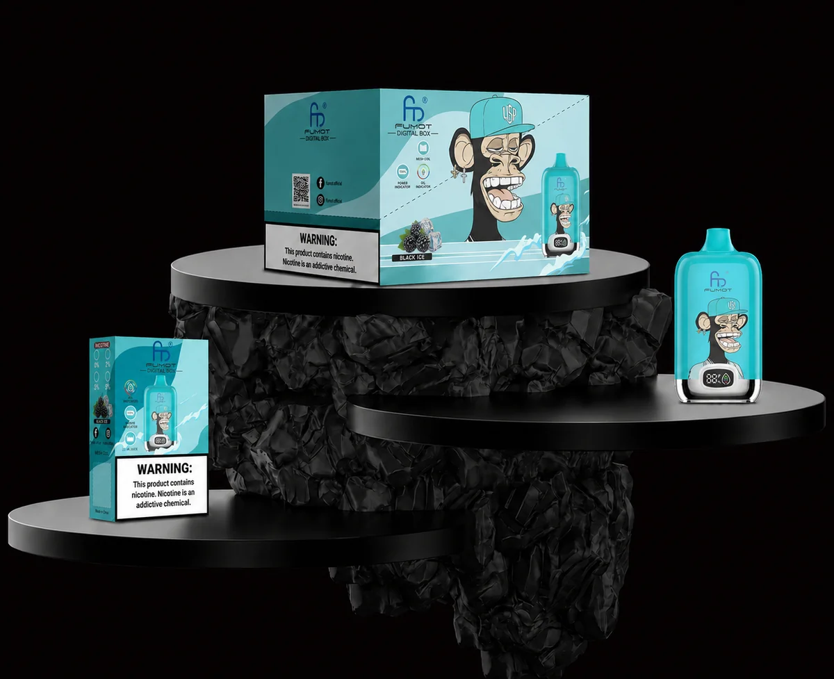 Fumot Digital Box 12000 Black Ice Einzelgerät, Retail-Box und Display-Box mit Beeren- und Eismotiven