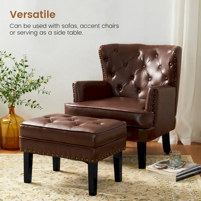 Glitzhome Set of 2 22W Leatherette Button-tufted Foot Stools Ottomans