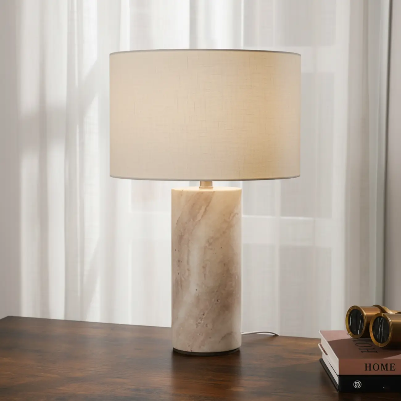 Modern Yellow Travertine Table Lamp with Fabric Shade