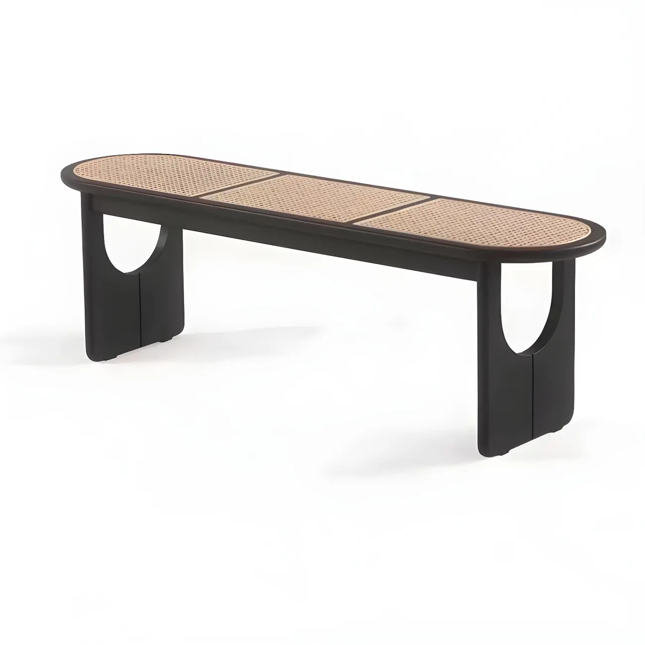 Rectangular Black Rattan Top Rubberwood Bench