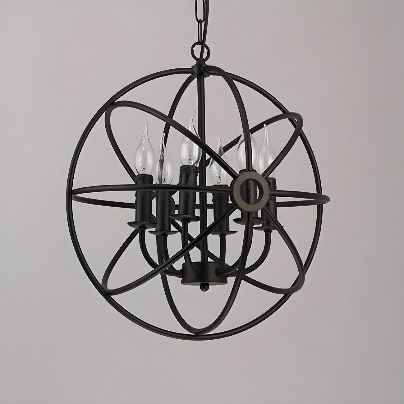 Industrial Black Metal Globe Caged Candelabra Chandelier