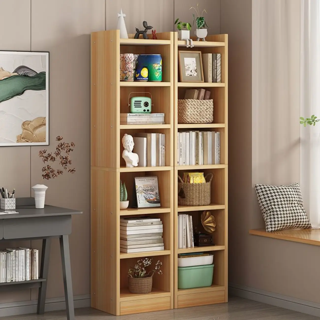 Scandinavian Oak Rectangle 5-Shelf Wood Bookcase