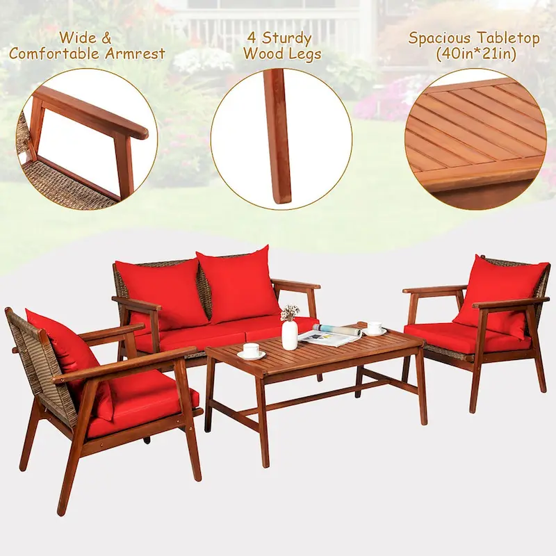 Costway 8PCS Patio Rattan Furniture Set Acacia Wood Frame Cushioned