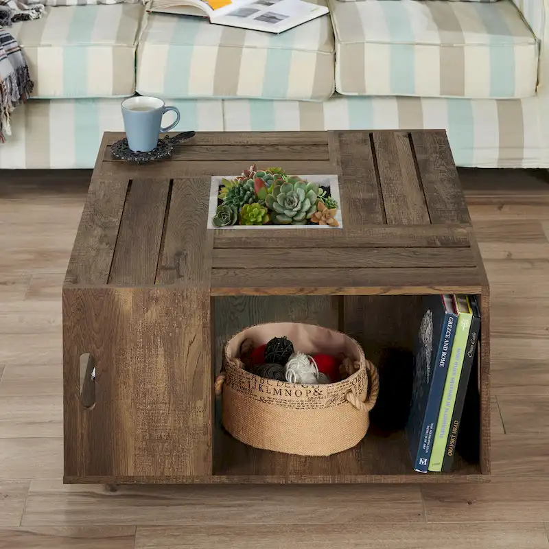 DH BASIC Rustic Oak 32-inch Open Shelf Mobile Coffee Table by Denhour