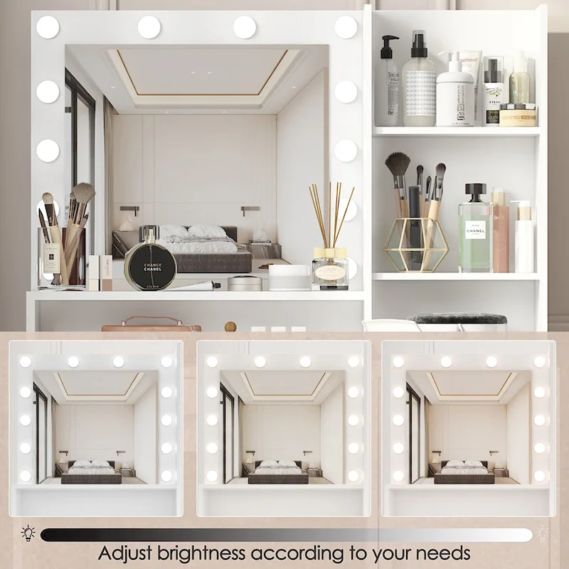 Vanity Desk with Mirror and Lights, Makeup Vanity with Drawer and Storage Shelves, Dressing Table with 3 Lighting Modes