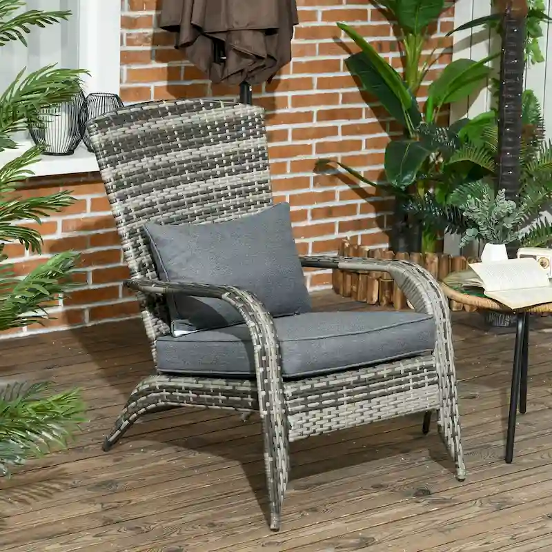 Patio Wicker Adirondack Chair, All-Weather Rattan Fire Pit Chair Soft Cushions, Tall Curved Backrest and Armrests