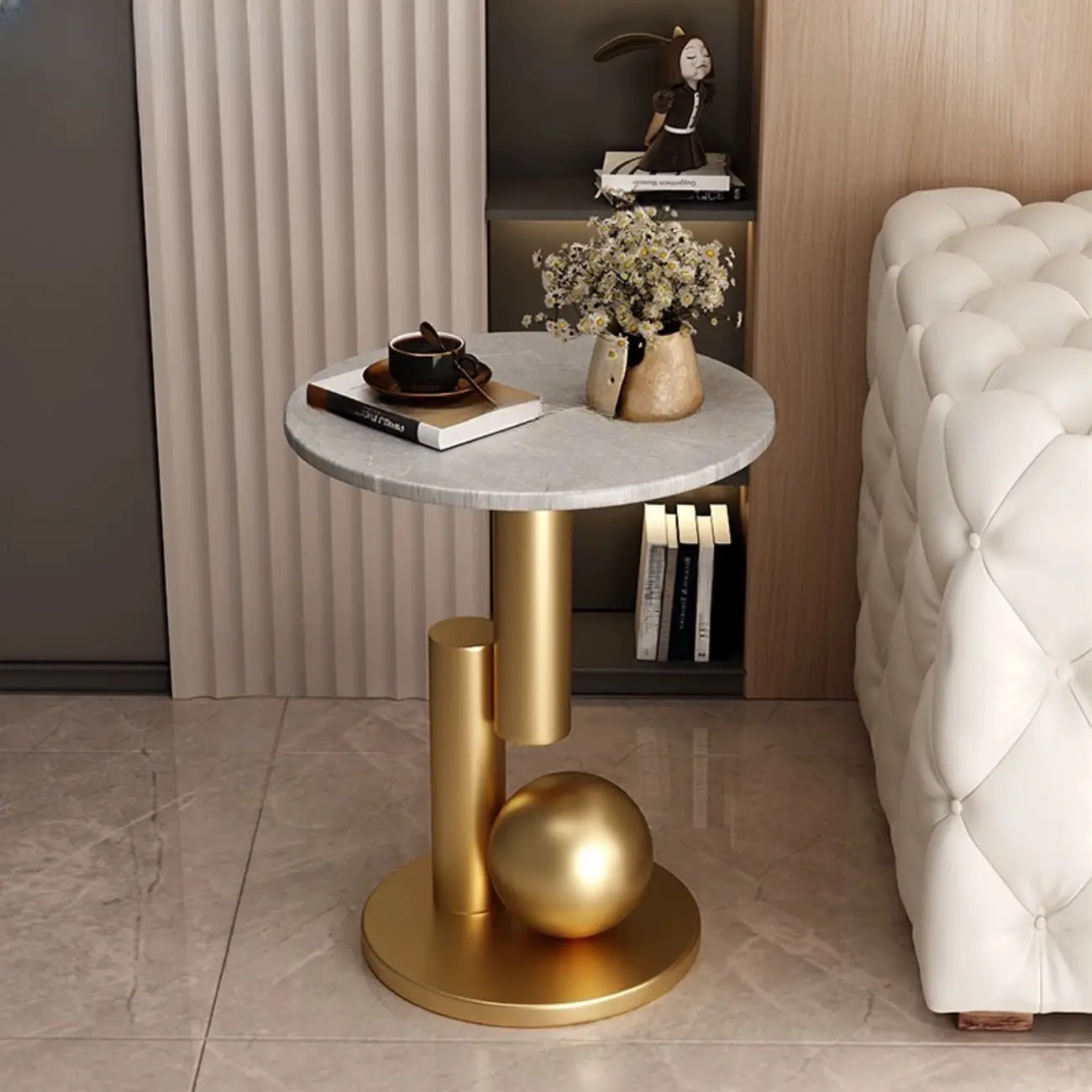 Glam Round Stone Top End Table Abstract Base