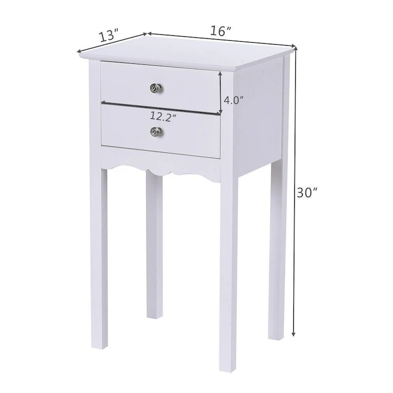Side Table End Accent Table with 2 Drawers-White - 16.0 x 13.0 x 30.0 (L x W x H)