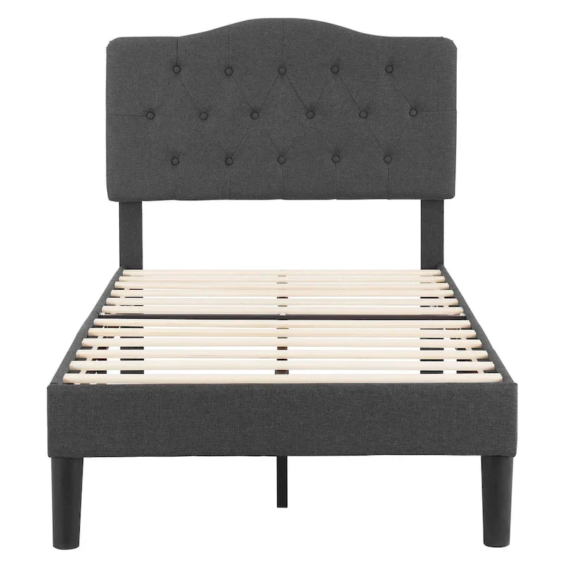 VECELO Modern Upholstered Bed with Height Adjustable Tufted Headboard ,Dark Grey