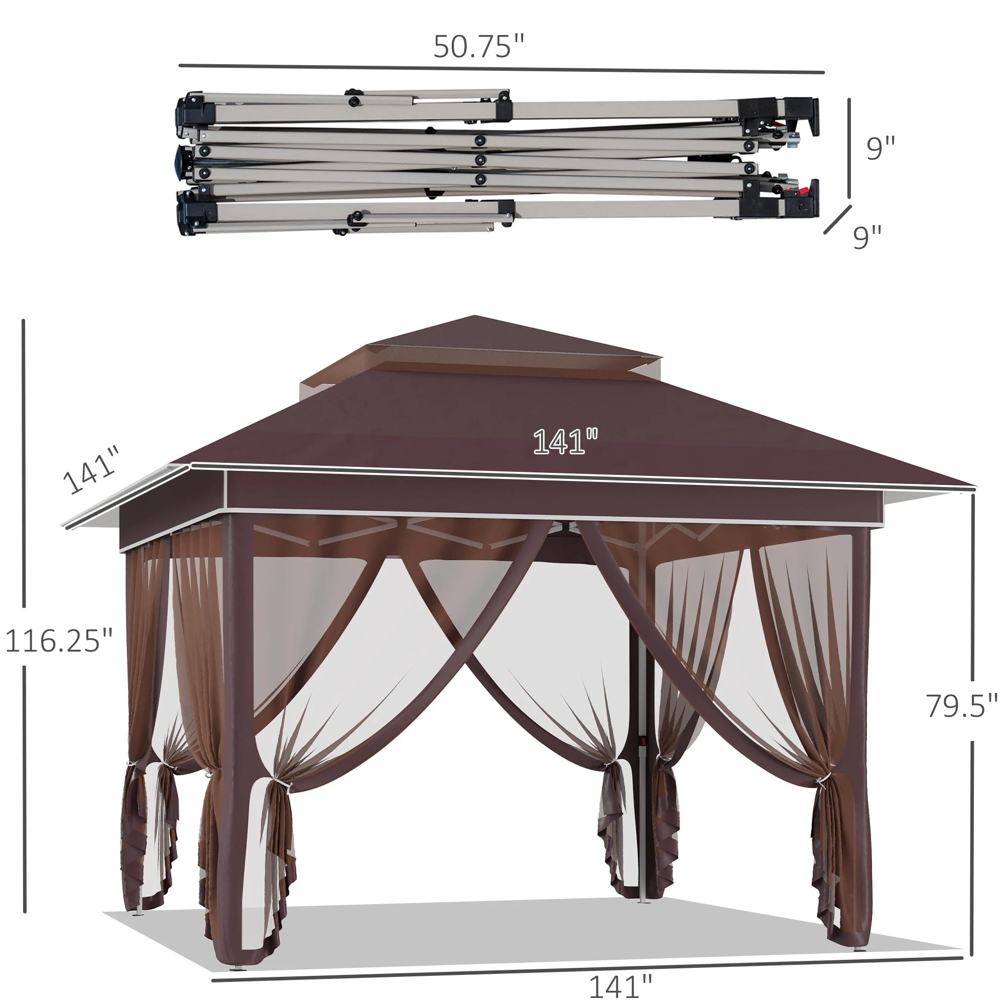 Outsunny 12' x 12' Pop Up Canopy Sun Shade Instant Tent Folding with Mesh Sidewall Netting, 3-Level Adjustable Height