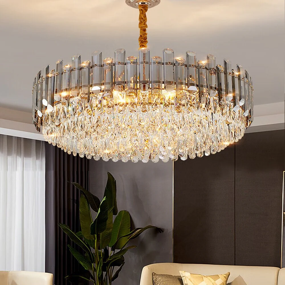 Round Layer Shining Crystal Ceiling Chandelier Lamp with 3 Color Lighting Pendant Light Fixture